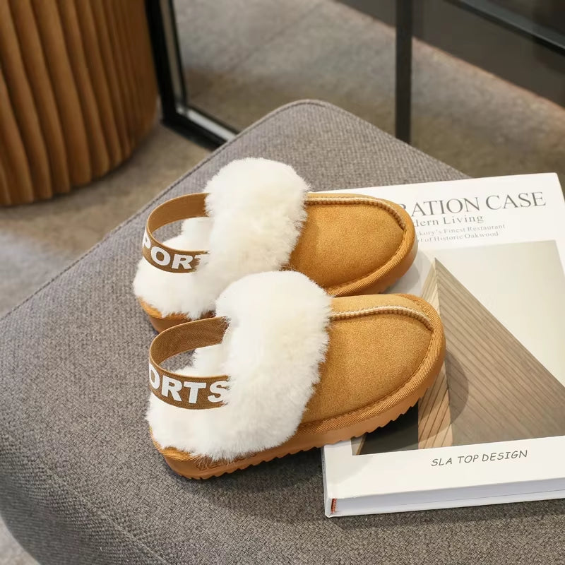 Children Toes Wrapped Plush Slippers Kids Classic Slippers Winter anti Slip Thick Soled Girls Fur Cotton Shoes Britain Style