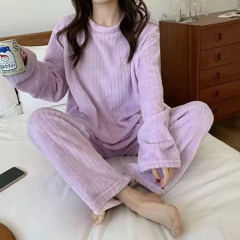 Soft Coral Velvet Jacquard Warm Pajama Set for Women Cozy Loungewear Outerwear for Winter Christmas Back to School Gift 