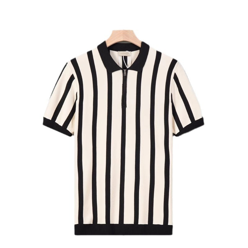 Men’s Retro Stripe Knit Polo Shirt – Black & Cream Zip Collar Summer Tee