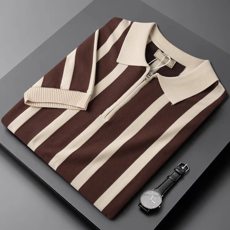 Men’s Retro Stripe Knit Polo Shirt – Brown & Cream Zip Collar Summer Tee