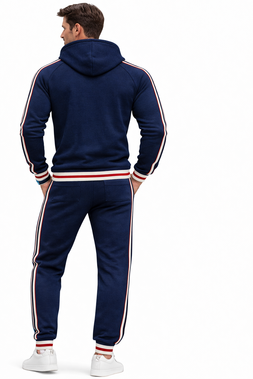 Men's Navy Blue Zipped Hoodie Stripe Tracksuit