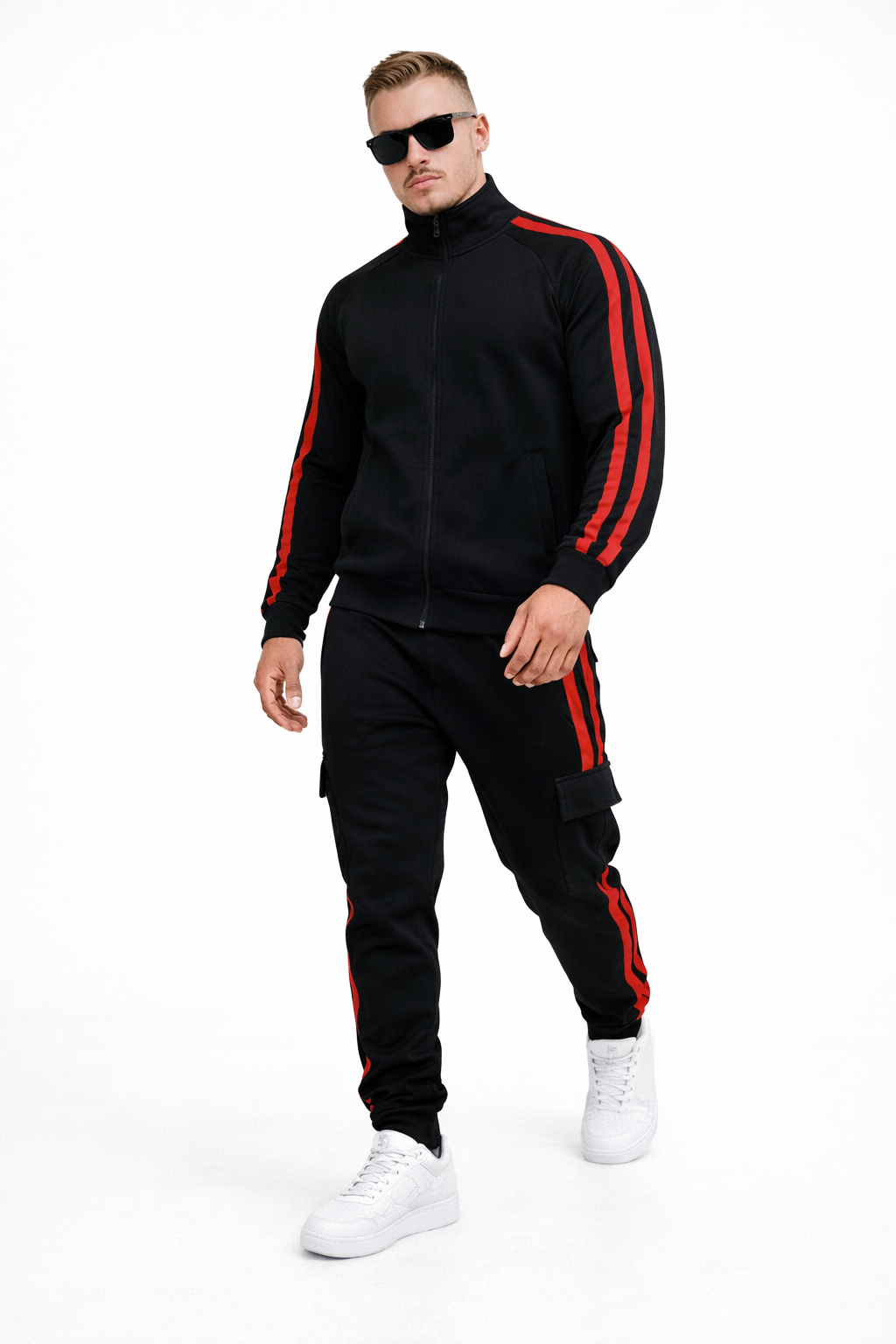 Premium Black & Red Stripe Tracksuit Set – Streetwear Athletic Fit