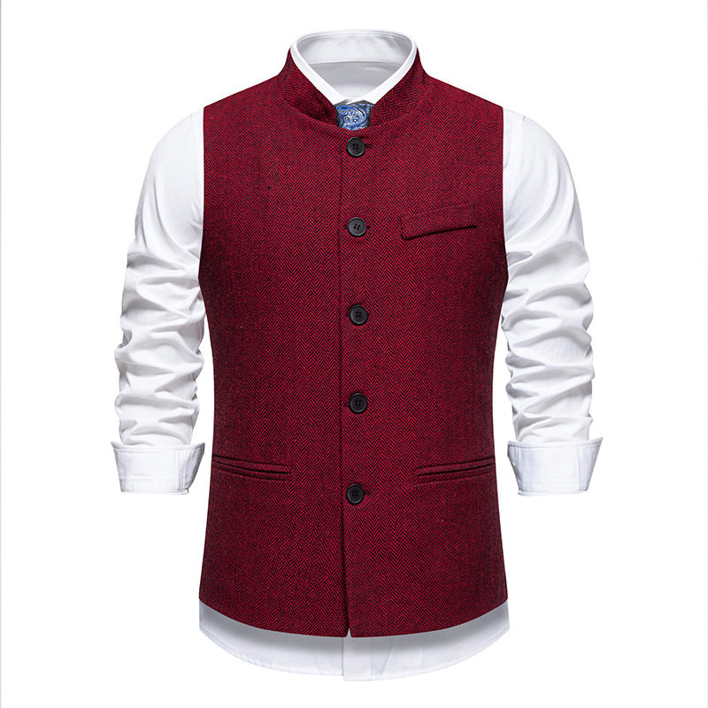 New Men's Retro Stand Collar Herringbone Senior Solid Color Suit Vest