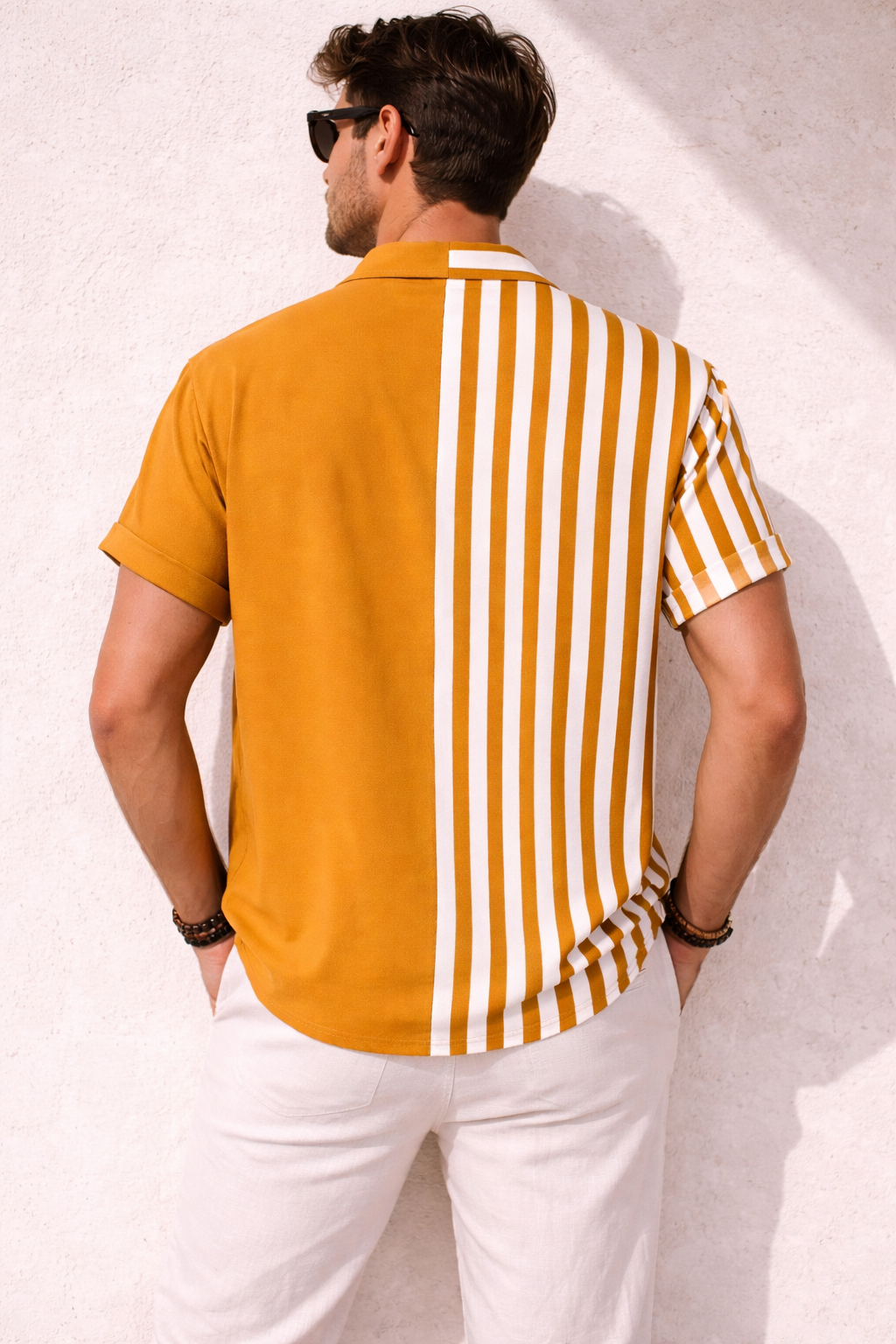 Two-tone Striped Print Casual Men's Shirt - Yellow