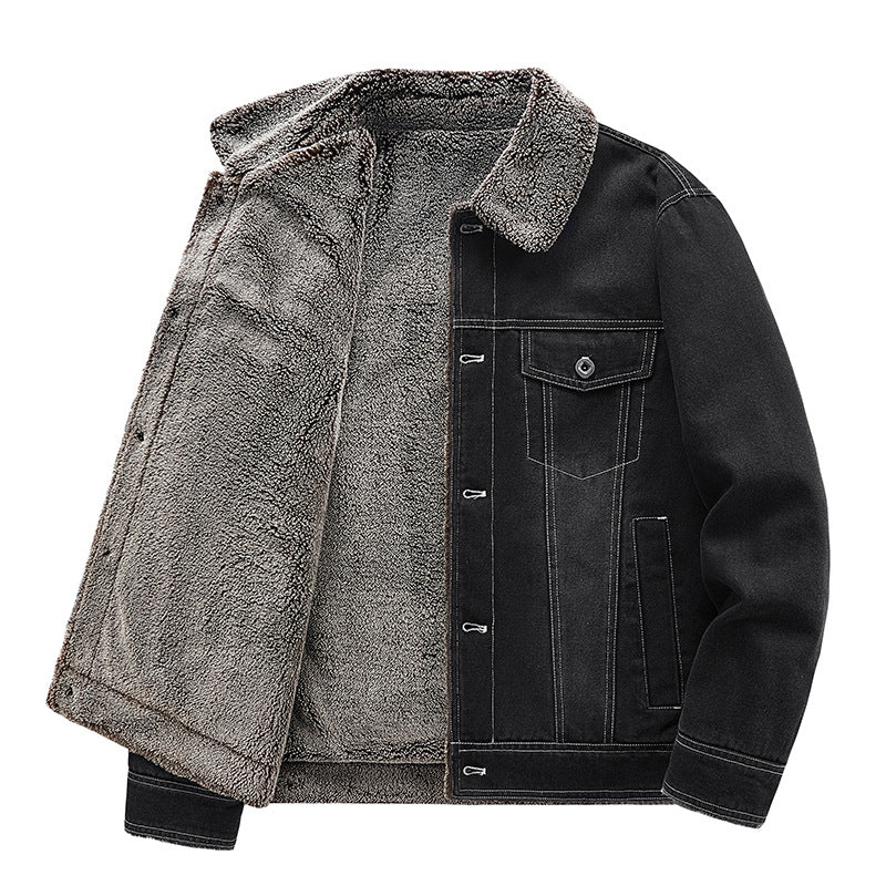 New Men's Denim Fleece-lined Thickened Cotton Clothing Warm Top