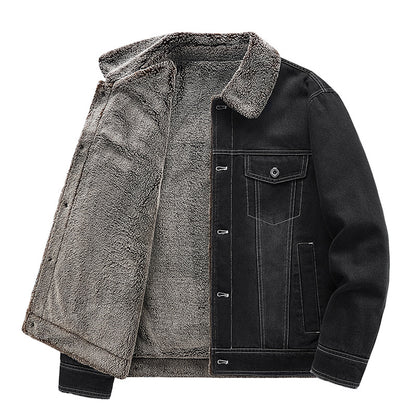 New Men's Denim Fleece-lined Thickened Cotton Clothing Warm Top