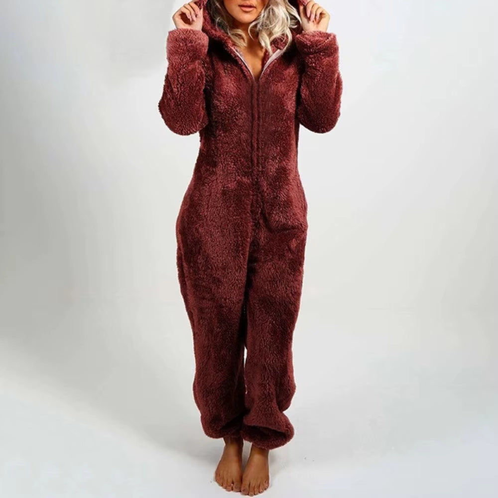 Women'S Plush Romper Autumn Winter Flannel Pajamas Long-Sleeve Zipper High Neck Hat Keep Warm Girl’S Clothes Sleepwear Homewear