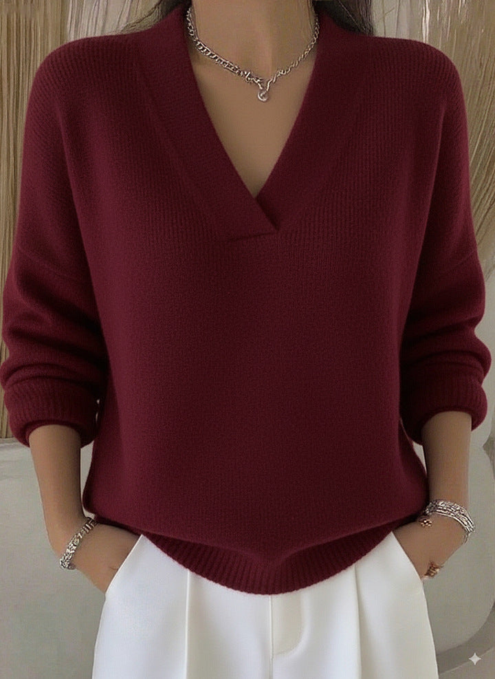 Casual V-neck Long Sleeve Women's Knitted Sweater