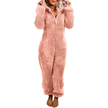 Women'S Plush Romper Autumn Winter Flannel Pajamas Long-Sleeve Zipper High Neck Hat Keep Warm Girl’S Clothes Sleepwear Homewear