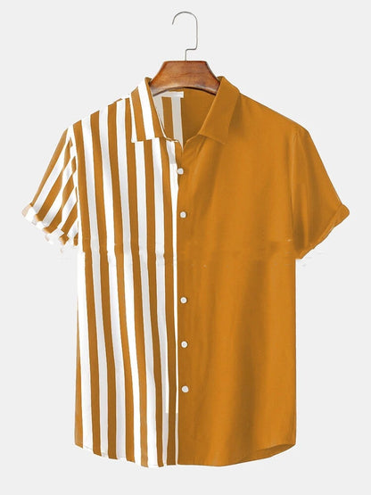 Two-tone Striped Print Casual Men's Shirt - Yellow