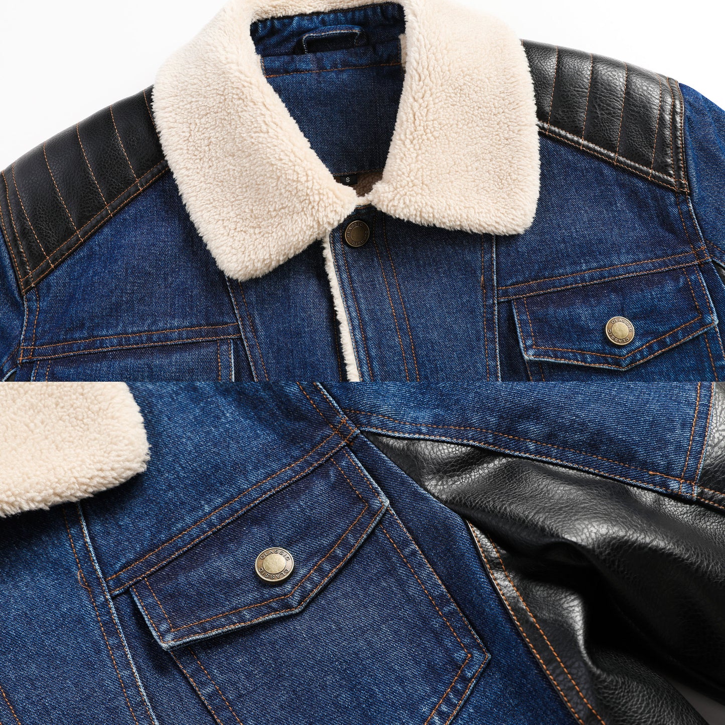 Men's Thickened Work Jacket, Denim - Patchwork Collared Multi - Pocket Autumn & Winter Jacket