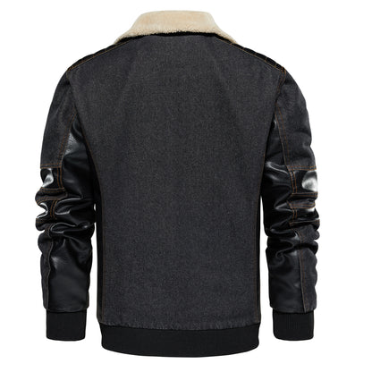 Men's Thickened Work Jacket, Denim - Patchwork Collared Multi - Pocket Autumn & Winter Jacket