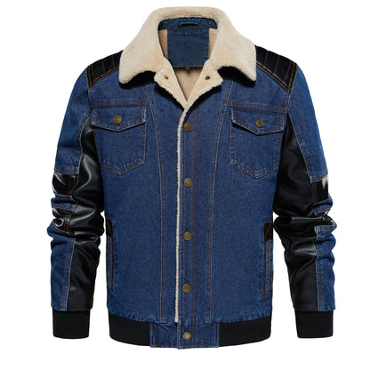 Men's Thickened Work Jacket, Denim - Patchwork Collared Multi - Pocket Autumn & Winter Jacket