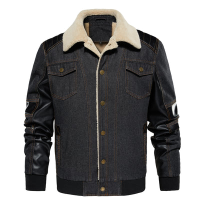 Men's Thickened Work Jacket, Denim - Patchwork Collared Multi - Pocket Autumn & Winter Jacket