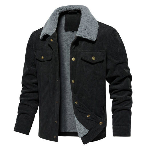 Men's Corduroy Jacket Winter Sherpa Lined Warm Thick Trucker Cargo Coat With 5 Pockets