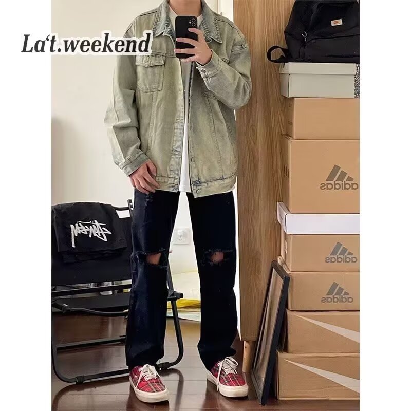 Washed Workwear Retro Denim Jacket For Men