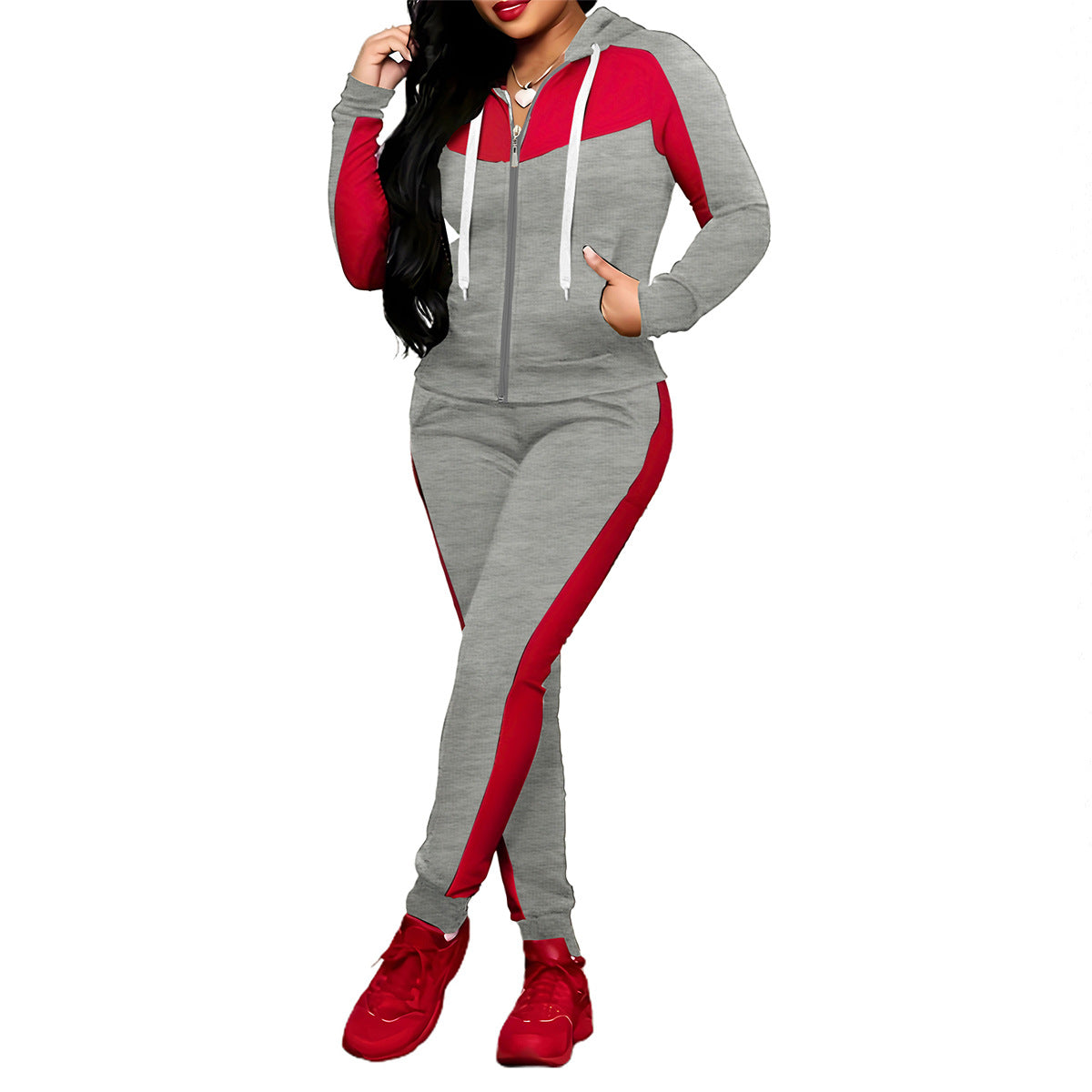Women's Color Matching Zipper Hooded Tracksuit set