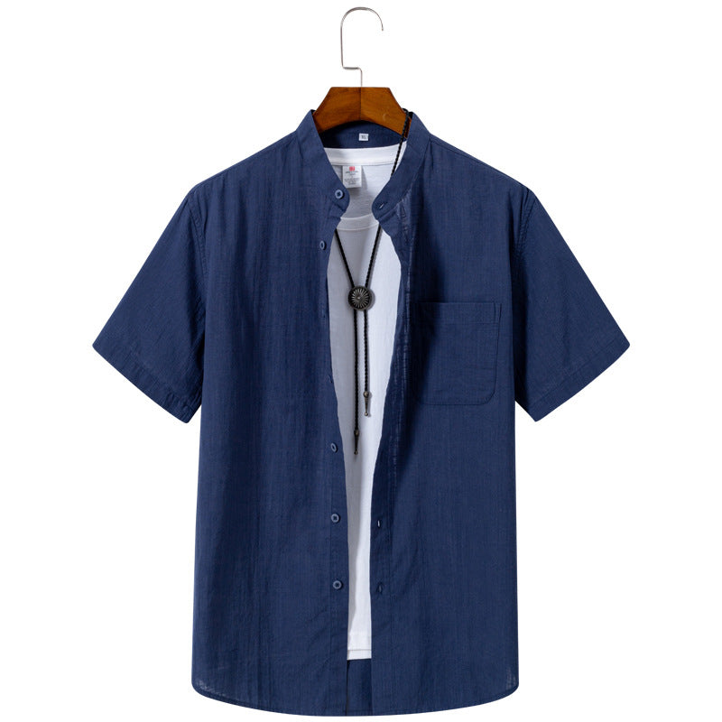 Men’s Navy Blue Linen Short Sleeve Shirt – V-Neck/ Button-Up