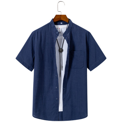 Men’s Navy Blue Linen Short Sleeve Shirt – V-Neck/ Button-Up