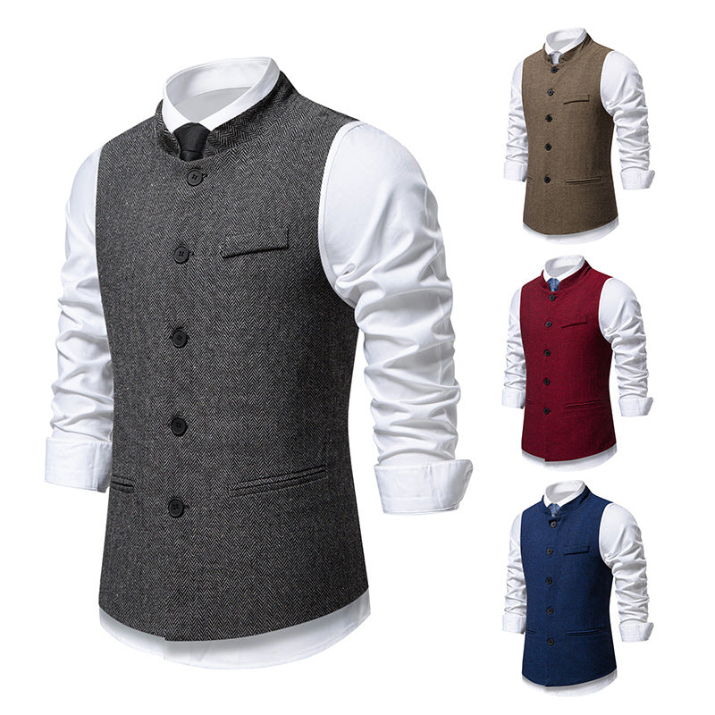 New Men's Retro Stand Collar Herringbone Senior Solid Color Suit Vest
