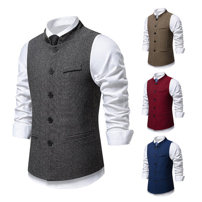 New Men's Retro Stand Collar Herringbone Senior Solid Color Suit Vest
