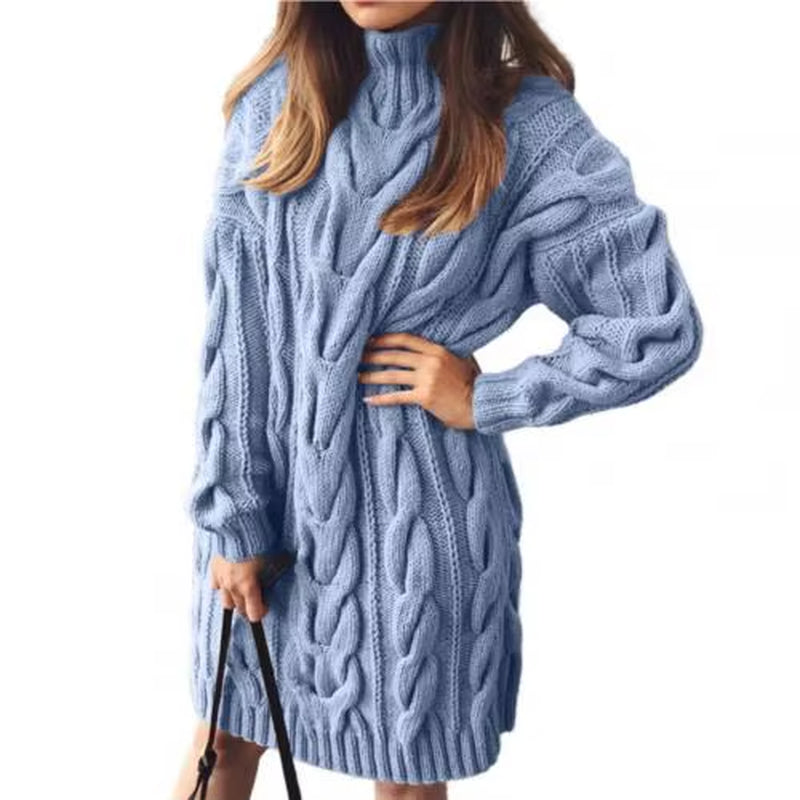 Lady Sweater Dress Solid Color Warm High Collar Twisted Long Sleeve Dresses Knitted Pullovers Sweaters for Work