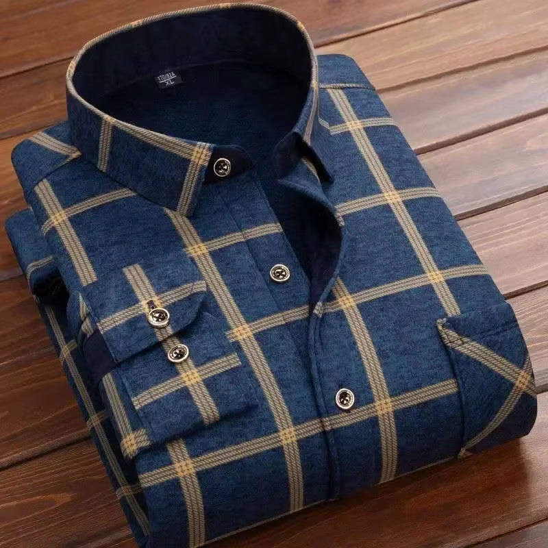 2025 Men'S Winter Warm Long Sleeve Plaid Shirts Flannel Fur Lined Thick Formal Shirts Fleece Casual Shirt for Men Dress Shirts