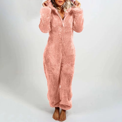 Women'S Plush Romper Autumn Winter Flannel Pajamas Long-Sleeve Zipper High Neck Hat Keep Warm Girl’S Clothes Sleepwear Homewear
