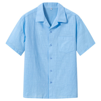 Men’s Sky Blue Linen Short Sleeve Shirt – V-Neck/ Button-Up