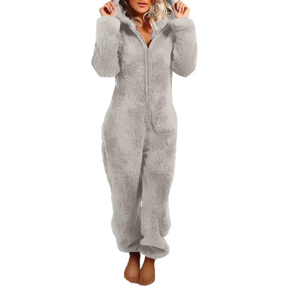 Women'S Plush Romper Autumn Winter Flannel Pajamas Long-Sleeve Zipper High Neck Hat Keep Warm Girl’S Clothes Sleepwear Homewear