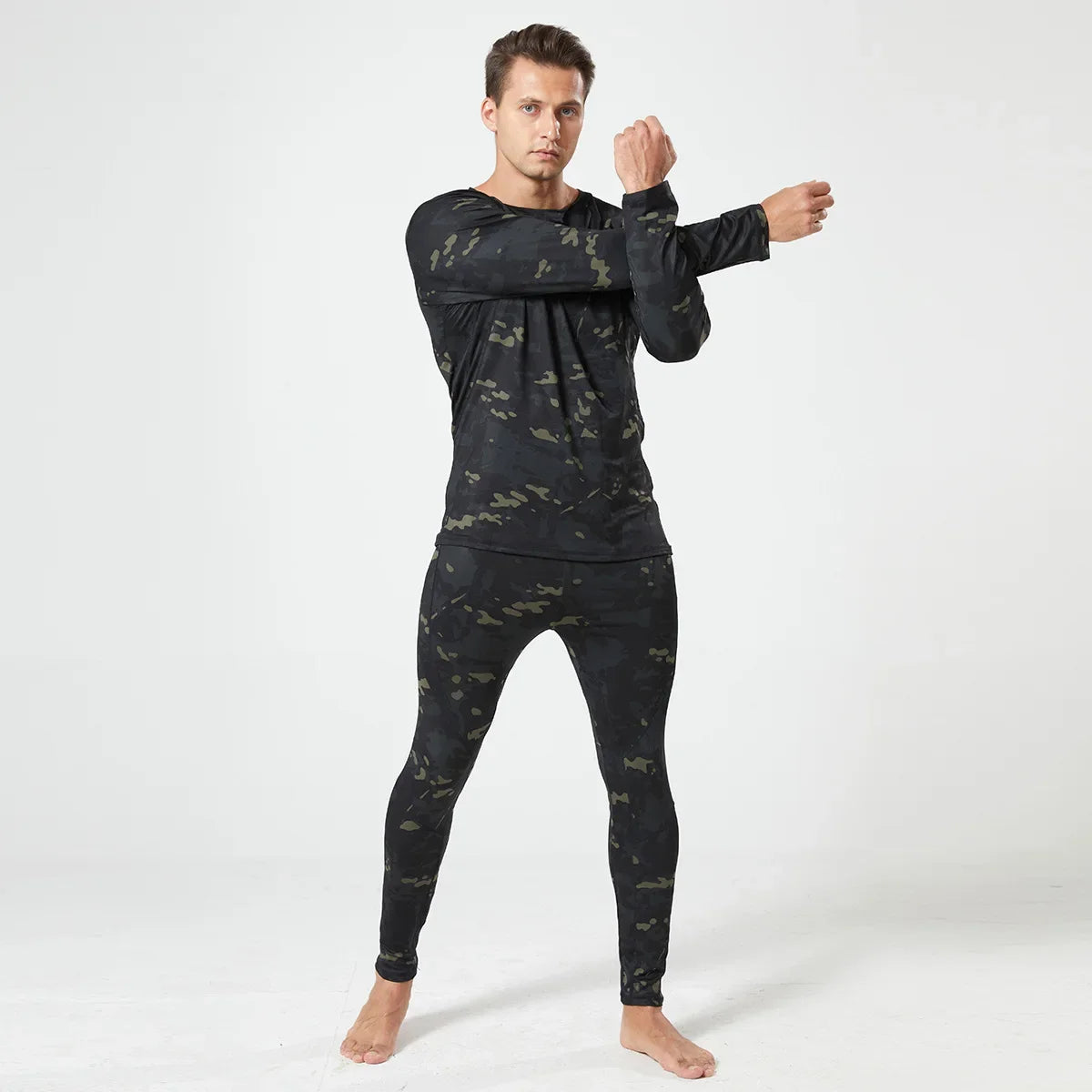 Men's Thermal Fleece Underwear Set for Outdoor Sports Quick Dry Tactical Camo Uniform Winter Training Slim Fit Cycling Tracksuit