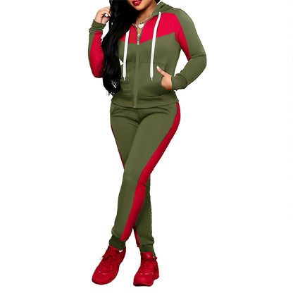 Women's Color Matching Zipper Hooded Tracksuit set