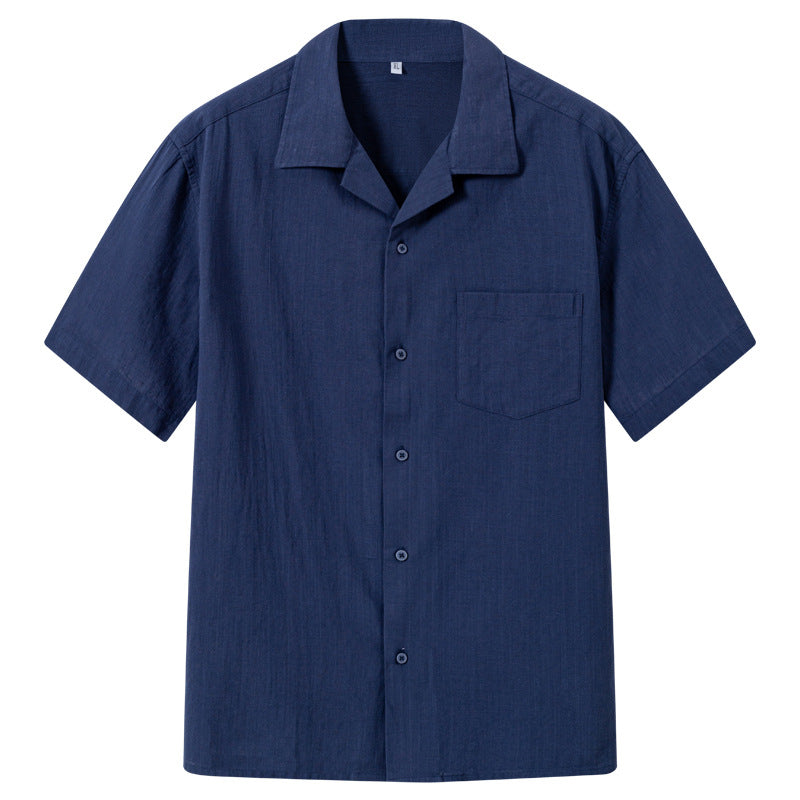 Men’s Navy Blue Linen Short Sleeve Shirt – V-Neck/ Button-Up
