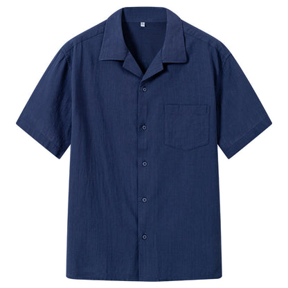 Men’s Navy Blue Linen Short Sleeve Shirt – V-Neck/ Button-Up