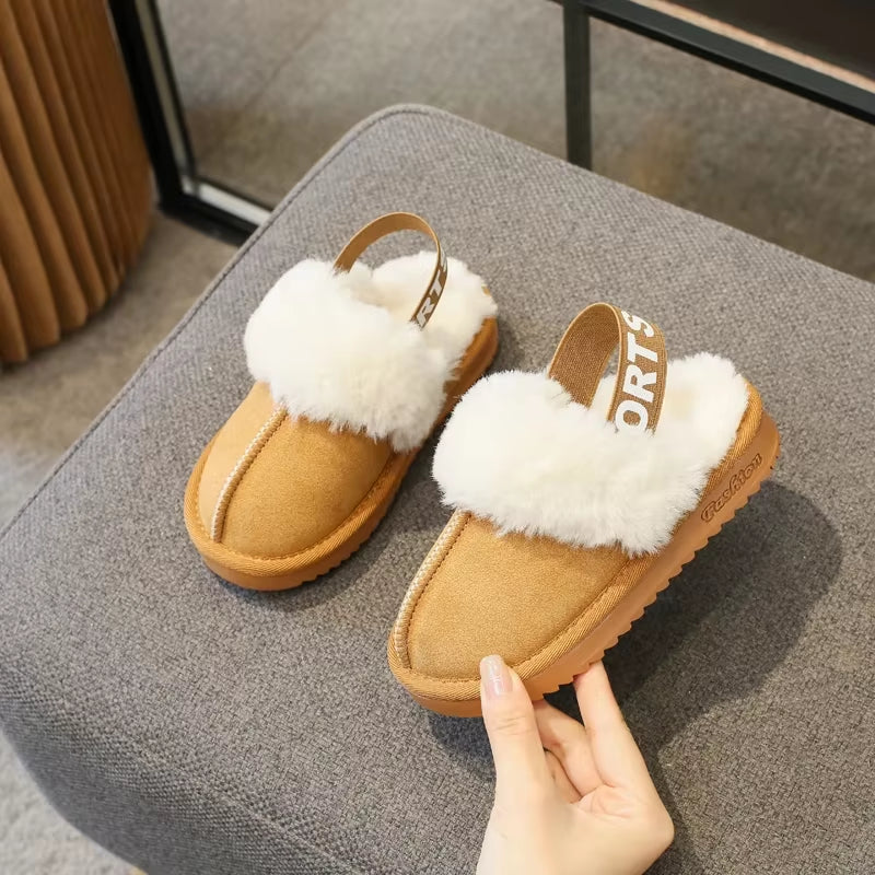 Children Toes Wrapped Plush Slippers Kids Classic Slippers Winter anti Slip Thick Soled Girls Fur Cotton Shoes Britain Style