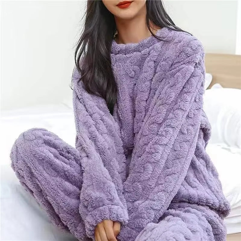 Winter Warm Coral Velvet Pajamas Set for Women Thick Fluffy Sleepwear Lounge Suit Cozy Soft Homewear Outerwear for Cold Weather
