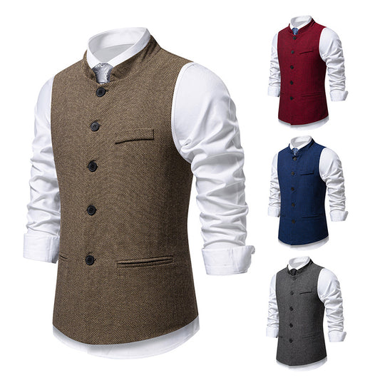 New Men's Retro Stand Collar Herringbone Senior Solid Color Suit Vest