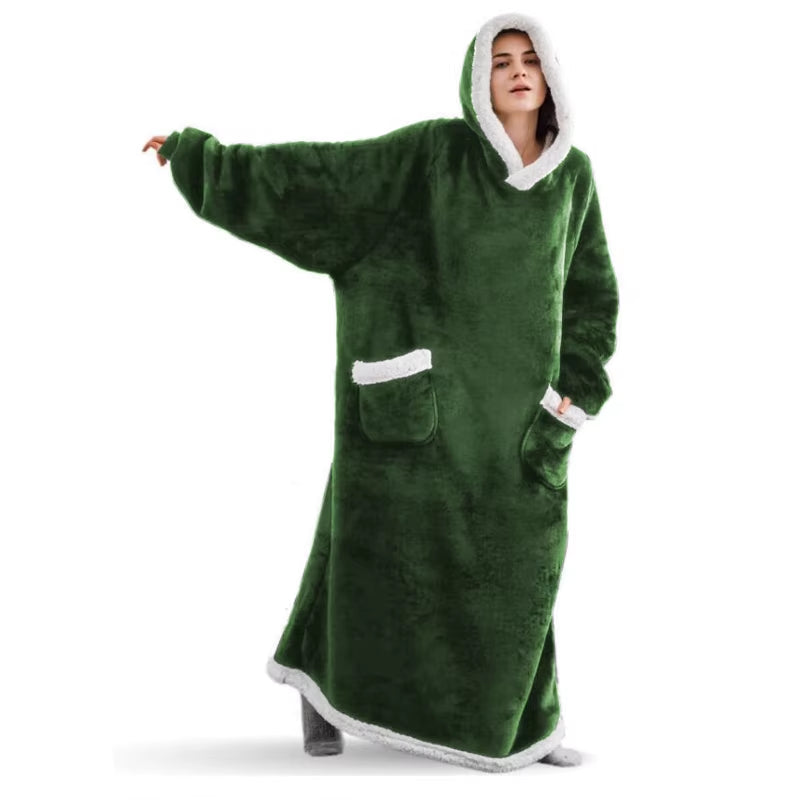 Winter Blanket Extended Vertical Pocket Fleece Lazy Blanket Flannel Lamb Wool Tv Tv Blanket Bathrobe Hooded Nightgown Casual Laz