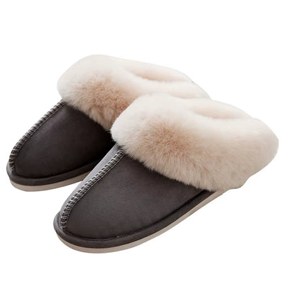 Luxury Faux Suede Home Women Full Fur Slippers Winter Warm Plush Bedroom Non-Slip Couples Shoes Indoor Ladies Furry Slippers