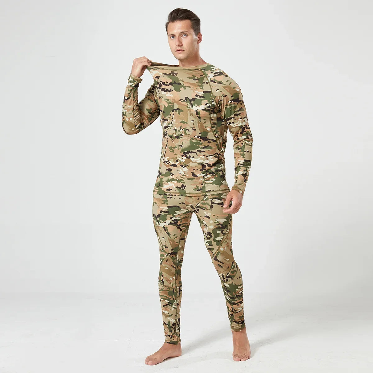 Men's Thermal Fleece Underwear Set for Outdoor Sports Quick Dry Tactical Camo Uniform Winter Training Slim Fit Cycling Tracksuit