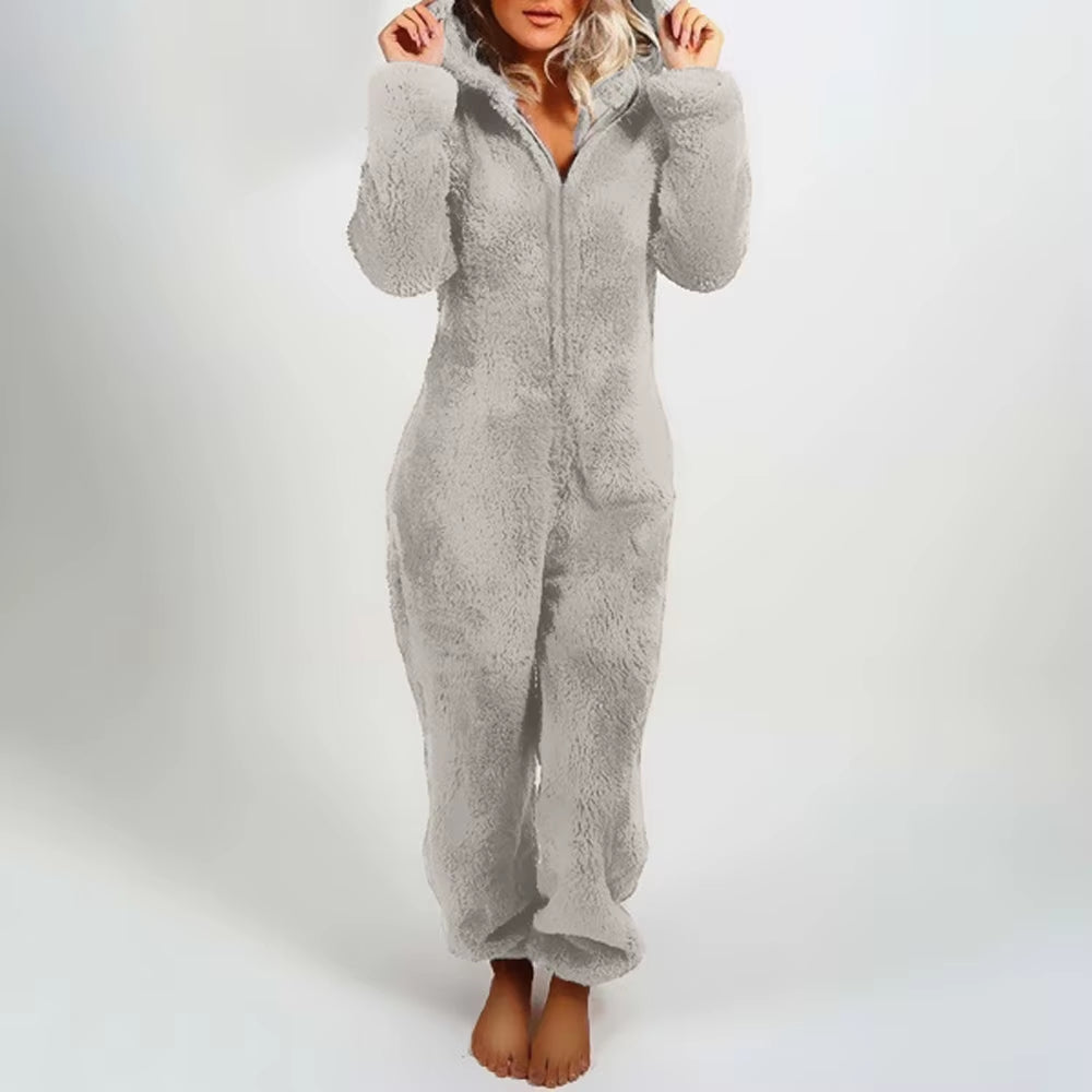 Women'S Plush Romper Autumn Winter Flannel Pajamas Long-Sleeve Zipper High Neck Hat Keep Warm Girl’S Clothes Sleepwear Homewear