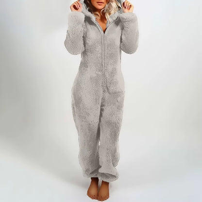Women'S Plush Romper Autumn Winter Flannel Pajamas Long-Sleeve Zipper High Neck Hat Keep Warm Girl’S Clothes Sleepwear Homewear