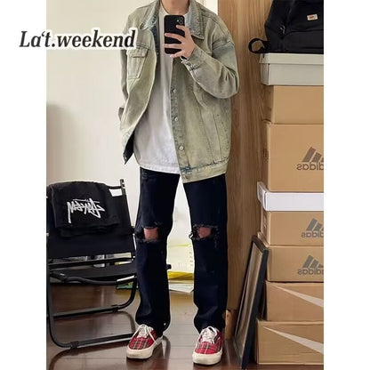 Washed Workwear Retro Denim Jacket For Men