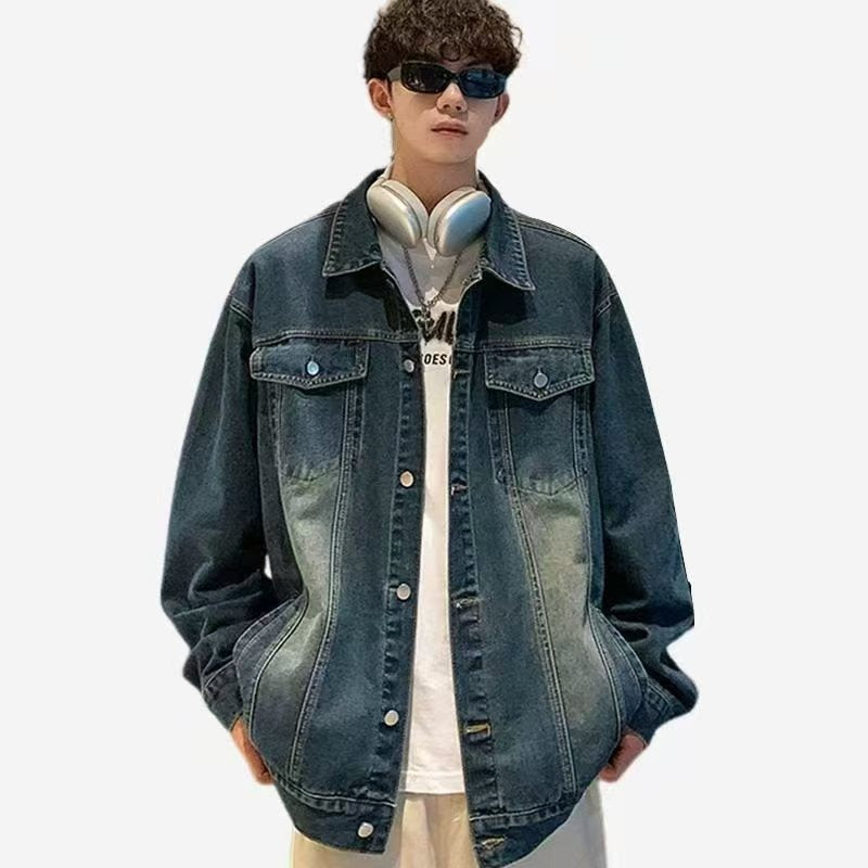 Washed Workwear Retro Denim Jacket For Men