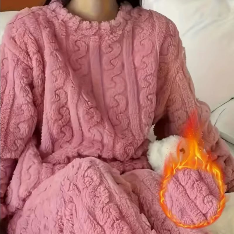 Winter Warm Coral Velvet Pajamas Set for Women Thick Fluffy Sleepwear Lounge Suit Cozy Soft Homewear Outerwear for Cold Weather