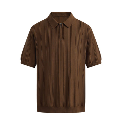 Men’s Textured Knit Zip Polo Shirt – Slim Fit Short Sleeve Summer Smart Casual Top