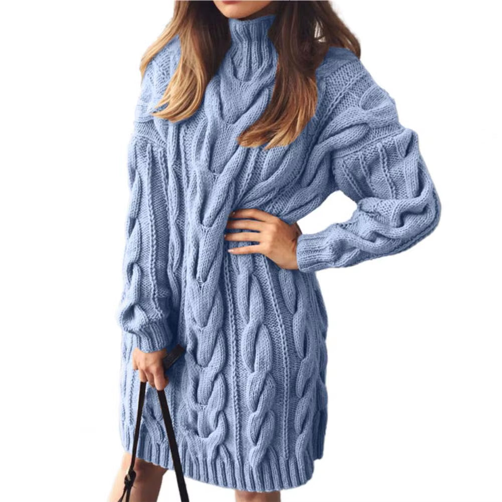 Lady Sweater Dress Solid Color Warm High Collar Twisted Long Sleeve Dresses Knitted Pullovers Sweaters for Work