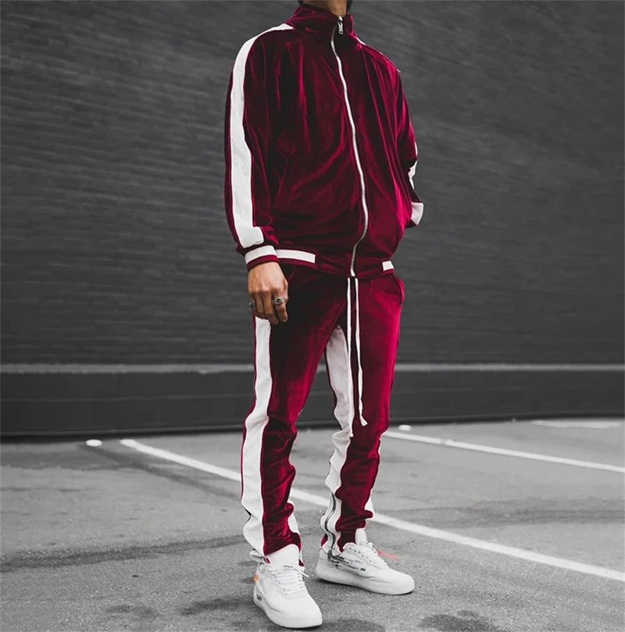 Black Spring Autumn Men's Velvet Set 2 Piece Sports Suit Coat and Pants Sportswear Tracksuit for Men Casual Streetwear