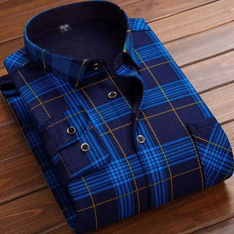 2025 Men'S Winter Warm Long Sleeve Plaid Shirts Flannel Fur Lined Thick Formal Shirts Fleece Casual Shirt for Men Dress Shirts