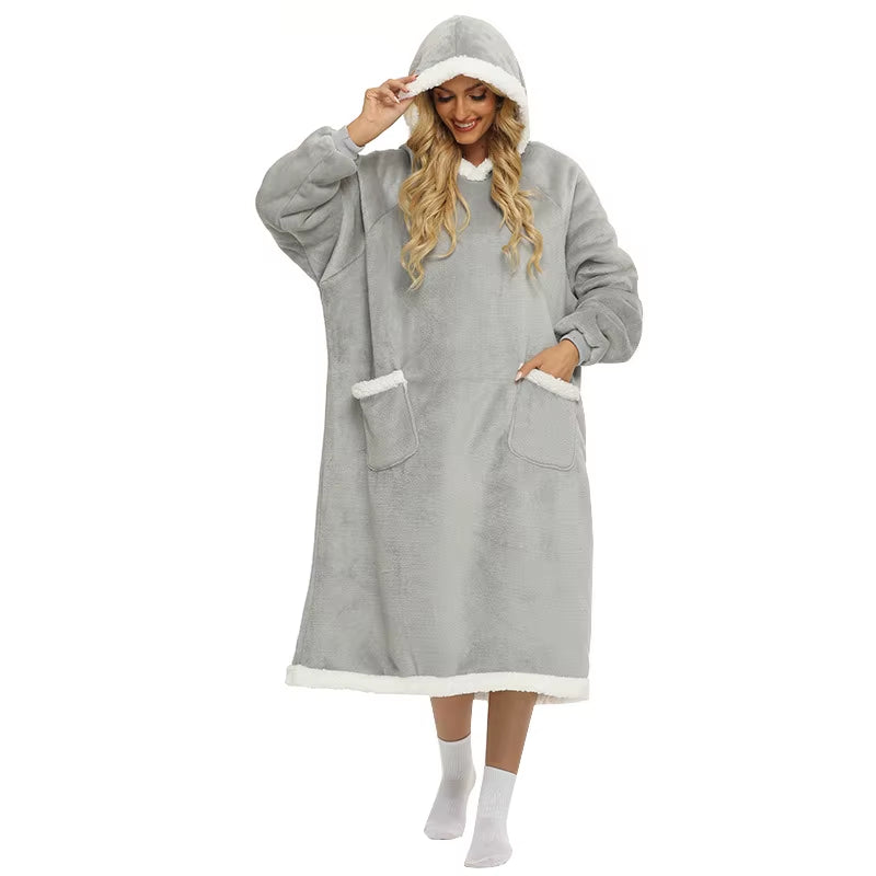 Winter Blanket Extended Vertical Pocket Fleece Lazy Blanket Flannel Lamb Wool Tv Tv Blanket Bathrobe Hooded Nightgown Casual Laz